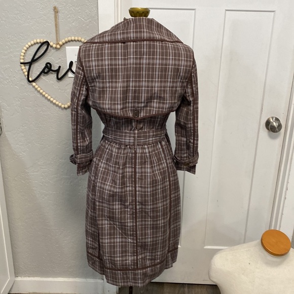 BCBG MAX AZRIA AUDREY PLAID TRENCH BROWN BLUE COAT SMALL - Picture 12 of 16